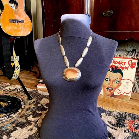 Vintage Sterling Silver & Bruneau Jasper Medallion Necklace - Picture 3 of 16